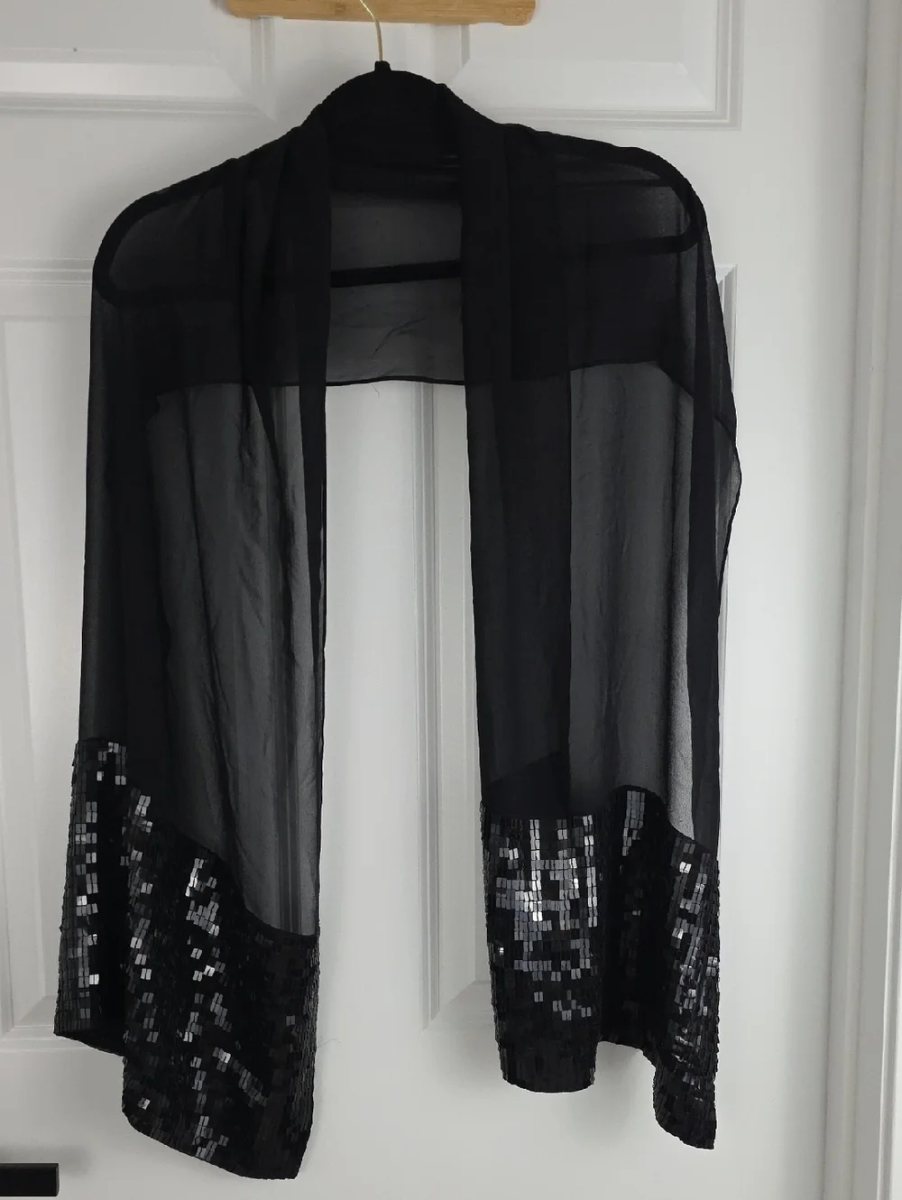 Black Silk Sheer Scarf/Wrap With Sequin Trim